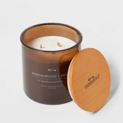 23oz XL 3-Wick Sandalwood + Smoke Wooden Amber Glass With Wood Lid And Stamped Logo Amber - Threshold™ 2 23oz XL 3-Wick Sandalwood + Smoke Wooden Amber Glass With Wood Lid And Stamped Logo Amber - Threshold™ - Image 2