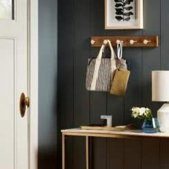 Metal And Faux Marble 5 Gold Hooks Rail On Acacia Wood - Threshold™