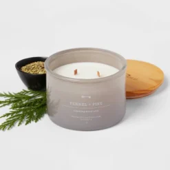 14oz Lidded Gray Glass Jar Crackling Wooden 3-Wick Candle With Clear Label Femmel + Pine - Threshold™ 3 14oz Lidded Gray Glass Jar Crackling Wooden 3-Wick Candle With Clear Label Femmel + Pine - Threshold™ -Threshold GUEST 6fa0c714 d5f7 4b12 b798 4b586358d330