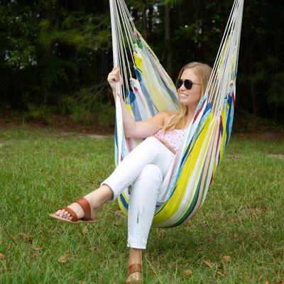 3.3' Cushioned Outdoor Hammock Chair With Spreader Bar Summer Stripe Yellow/Red/Blue - Threshold™ 2 3.3' Cushioned Outdoor Hammock Chair With Spreader Bar Summer Stripe Yellow/Red/Blue - Threshold™ - Image 2