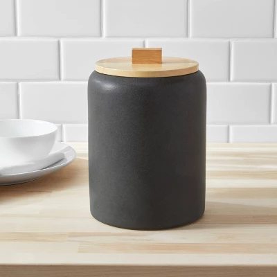 Large Stoneware Tilley Food Storage Canister With Wood Lid Black - Threshold™ 1 Large Stoneware Tilley Food Storage Canister With Wood Lid Black - Threshold™