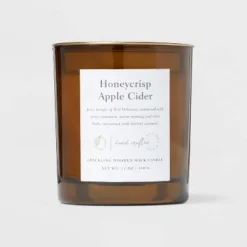 Clear Colored Glass With Woodwick And Brass Metal Inset Lid Honeycrisp Apple Cider Candle Yellow - Threshold™ -Threshold GUEST 996194a7 6c6e 49e1 94bf f2a16da58dc2