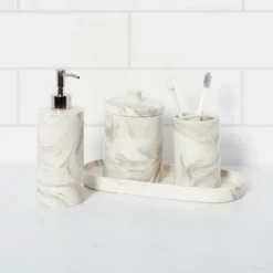 4pc Marbled Ceramic Bathroom Accessories Set Marble - Threshold™