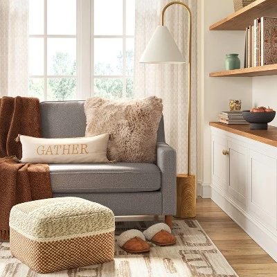 Oversized Gather Embroidered Lumbar Throw Pillow Cream - Threshold™ 1 Oversized Gather Embroidered Lumbar Throw Pillow Cream - Threshold™