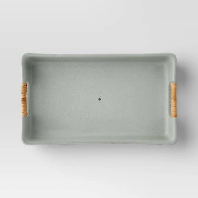 7.09" Rectangular Earthenware Tray With Cut-Out Skin Rattan Weaving Handle Heathered Green - Threshold™ Designed With Studio McGee 2 7.09" Rectangular Earthenware Tray With Cut-Out Skin Rattan Weaving Handle Heathered Green - Threshold™ Designed With Studio McGee - Image 2