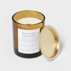 Clear Colored Glass With Woodwick And Brass Metal Inset Lid Honeycrisp Apple Cider Candle Yellow - Threshold™ -Threshold GUEST d00c61de 2889 4f10 8c36 0028a7897f65