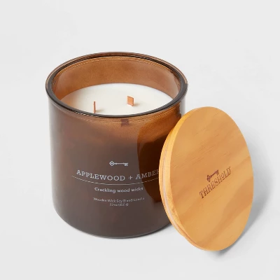 23oz XL 3-Wick Applewood + Amber Wooden Amber Glass With Wood Lid And Stamped Logo Amber - Threshold™ 2 23oz XL 3-Wick Applewood + Amber Wooden Amber Glass With Wood Lid And Stamped Logo Amber - Threshold™ - Image 2